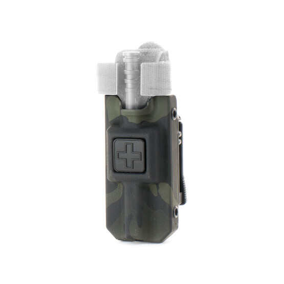 Black Multi-Cam quick deployment TQ holster from Eleven Ten features a duty belt attachment clip